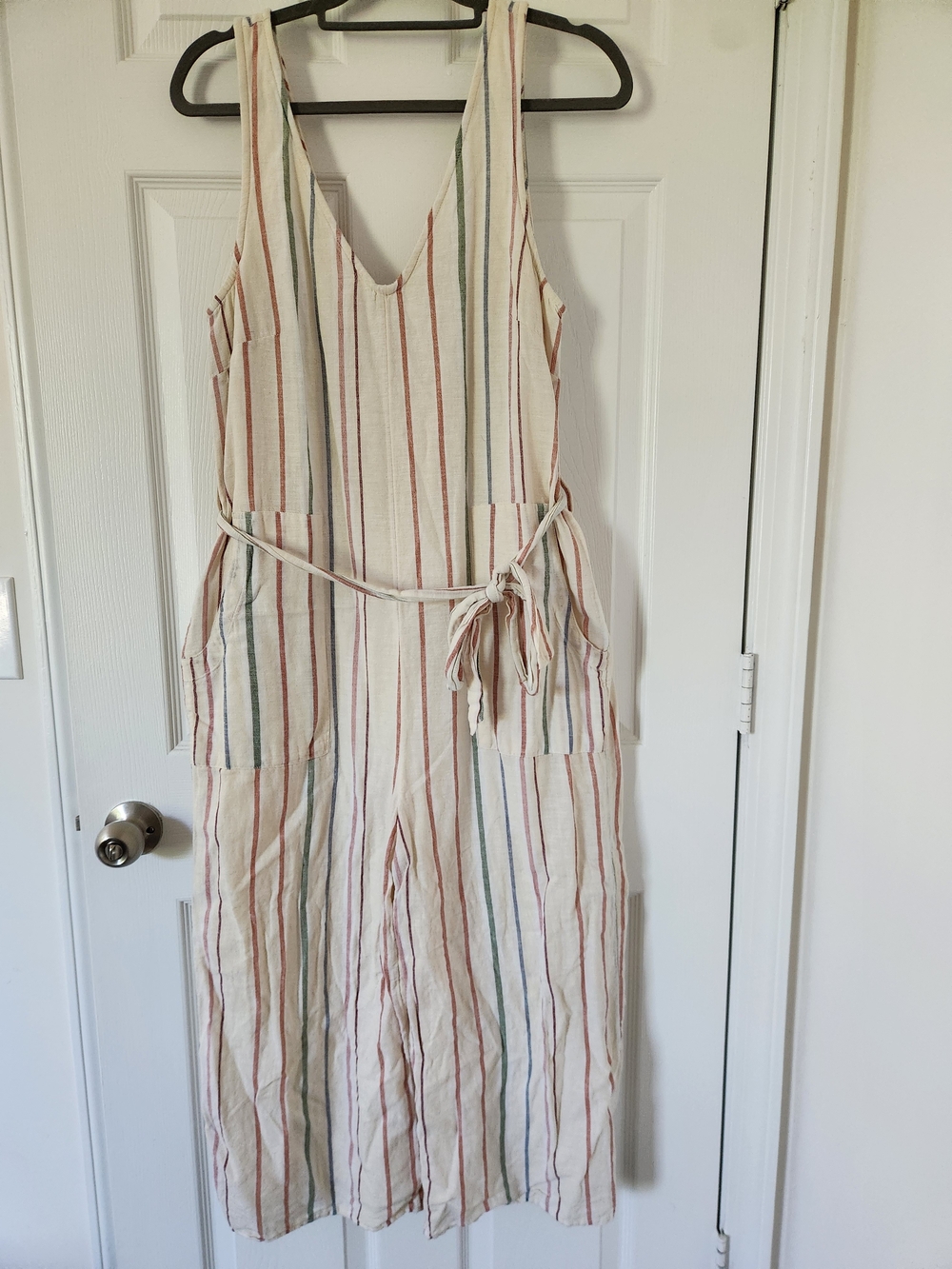 American Eagle Outfitters Cream Multicolor Striped Linen-Blend Jumpsuit